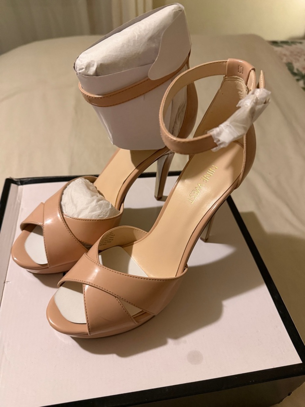 Nine West Blush Patent Platform Ankle-Strap Stilettos